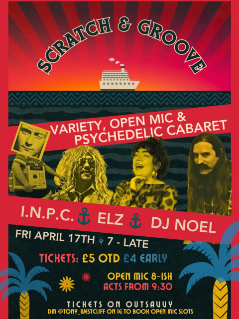 Flier for a cabaret night with INPC, Elz, Tony Westcliff and DJ Noel. I'm only the flier riding a bike, holding an Akai MPC2000 and have a Phil Collins record on my head.