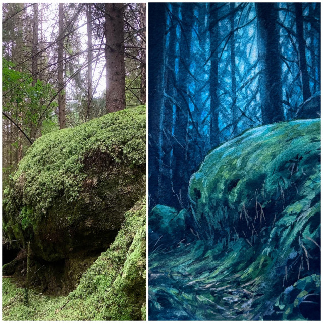 An image split in two, showing on the left a photo, and on the right a painting inspired by said photo. The photo shows a big mossy boulder in a moody, yet bright conifer mountain forest. The painting transposes the boulder into a much darker, eerier forest, with pale blue light filtering through the trees. The mossy boulder now seems to have strange eyes.
