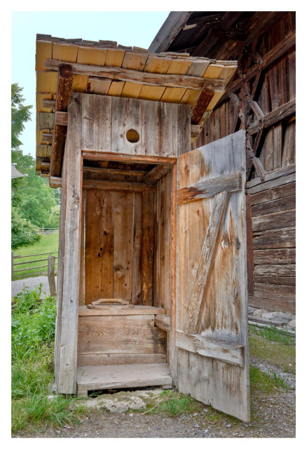 You are standing outdoors on a sunny day in a rural, grassy farmyard. In the center of the image is a small, old-fashioned wooden outhouse or privy, built right against the side of a larger dark wooden barn or stable. The outhouse is made of weathered, silvery-gray planks with visible wood grain and knots. It has a simple slanted roof covered in light brown wooden shingles. A round ventilation hole is cut into the upper front wall. The door, made of the same wood but with a big diagonal “Z” brace, is wide open and swings outward to the right, revealing the interior. Inside the outhouse you can clearly see a raised wooden platform with a simple toilet seat on top. The seat has a curved wooden handle attached to the lid, making it easy to lift. Two small wooden steps lead up to the seat. The inside walls are also raw, aged wood, slightly darker and richer in tone than the outside.To the right, the big barn wall is much darker — almost chocolate brown — with heavy timber framing and criss-cross bracing visible. On the left side of the outhouse, green grass and weeds grow right up to the base, and in the background you see a sunny green meadow, a wooden fence, and leafy trees under a clear, pale blue sky. The whole scene feels peaceful, rustic, and historic — like a well-preserved piece of 19th-century farm life. The lighting is bright natural daylight, casting soft shadows under the roof overhang and on the gravel ground in front of the outhouse.