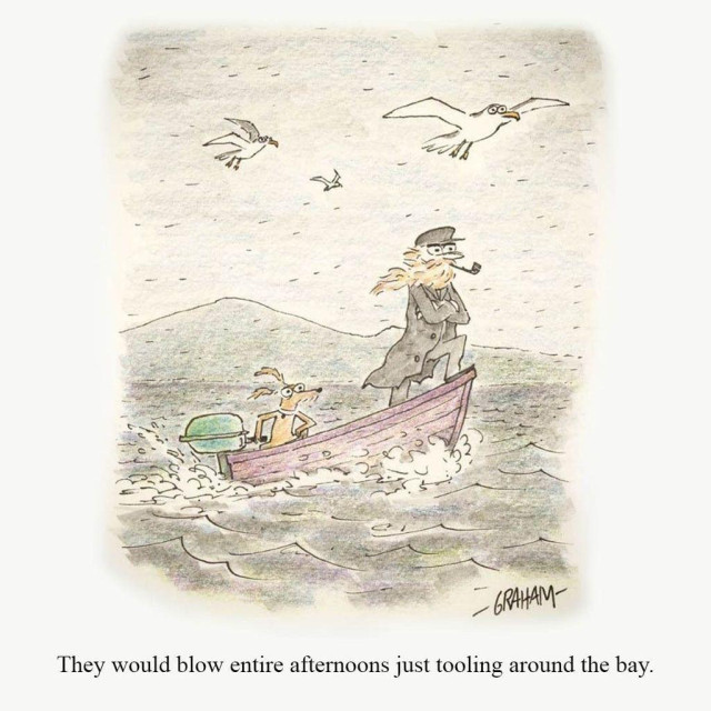 A cartoon illustration of a dog driving an outboard motor on a boat with a sea captain standing at the front in a frothy bay. Caption reads "They would blow entire afternoons just tooling around the bay."