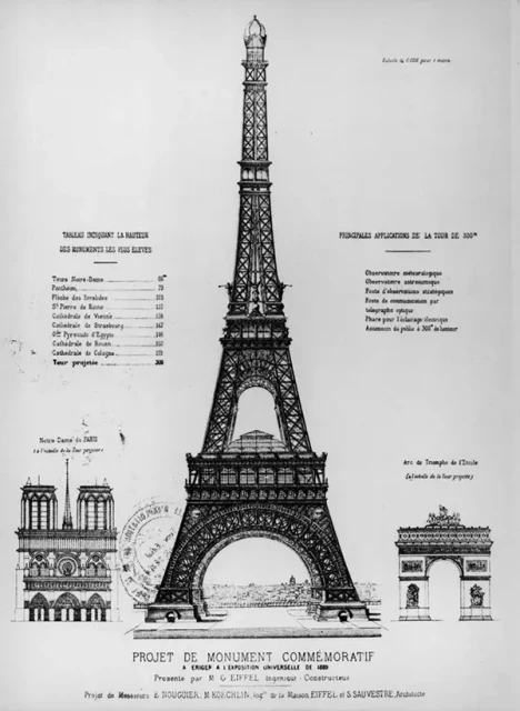 Projet architectural de Stéphen Sauvestre.

The drawing includes:

The central elevation of the tower (300 metres tall)
Notre-Dame de Paris drawn to scale on the left for height comparison
The Arc de Triomphe on the right, also to scale
A table on the left listing the heights of famous monuments compared to the proposed tower
Notes on the right listing the tower's intended uses — meteorological observatory, aeronautical observation, strategic communications, optical telegraph, electric lighthouse, and public access at 300m

https://fr.wikipedia.org/wiki/Tour_Eiffel#/media/Fichier:Projet_Sauvestre_Eiffel.jpg