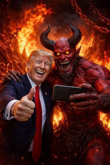 Trump on left taking a selfie with Satan on right.
