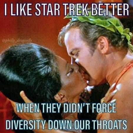 I like Star Trek better when they didn't force diversity down our throats.

(Image of first inter-racial kiss on TV, between Uhura and Kirk)