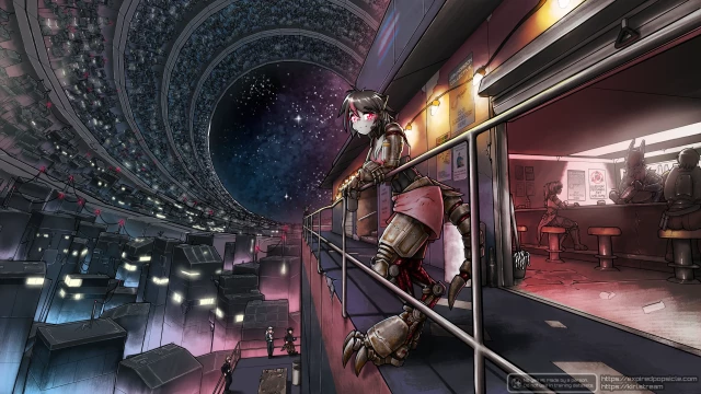 A digital illustration.

In the foreground is a woman with a robot body, looking at the viewer with glowing red eyes. Her hands are claws and her legs are digitigrade with big talons on the end. She has a tail made of metallic shackles. All through her body is exposed synthetic muscle fibers. The metal parts are covered in rust and grime. She's wearing a pink sports bra and a short skirt, leaning over a railing, and holding a can.

She's standing on a walkway high up a building, just outside of a bar. Inside the bar is an Egregorian bartender who resembles a large insect, and two customers.

There are posters both inside and outside the bar, many of which promote Horizon Collective. Others are advertising support for NHPs in various ways.

Outside the bar there are people mingling. A few of them can be seen on a lower level, next to a table with an abandoned beer pong game.

There's a trans pride flag spraypainted on the side of the building, up above.

The building is in a massive O'Neil cylinder, and an expansive, dense city is visible behind it, wrapping all the way around to the "ceiling".

In the far end of the cylinder is a massive window, with the stars visible outside.


In the bottom-right corner, text reads "No gen AI. Made by a person. Do not use in training datasets", and these two URLs:

https://expiredpopsicle.com
https://kiri.stream