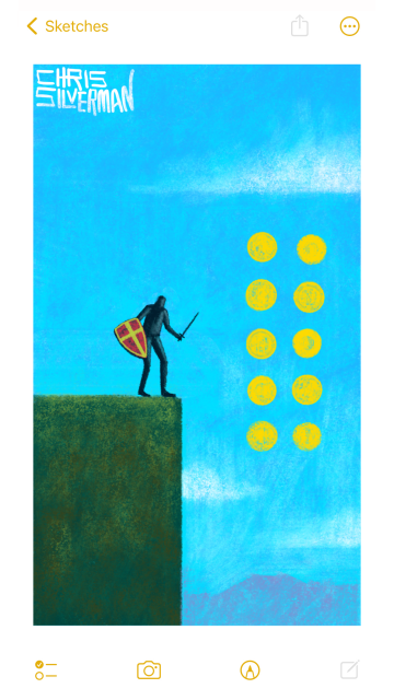 A knight in armor, carrying a shield and sword, stands on the edge of a greenish brown, perfectly rectangular cliff. The shield is red, with a gold cross on it. Across from the cliff, hovering in the air, are 10 gold coins, arranged in two perfectly parallel columns. The overall scene suggests a classic video game such as Mario. Below, in the distance, are some purple mountains, and there are a few white clouds in the otherwise blue sky. The painting is signed "Chris Silverman".