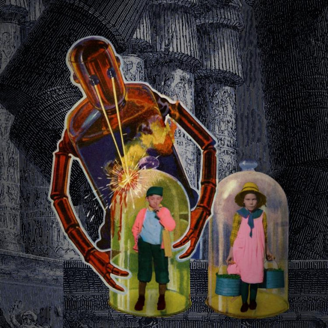 A killer 1940s robot zapping two large domes with eye-lasers; trapped under the domes are two children, taken from 1910s photos of child laborers; one, a little girl in a straw hat, is holding two heavy buckets. The other, a newsie with a shoulder bag, is picking his nose. The background is the collapsing pillars seen in Dore's engraving of The Death of Solomon.