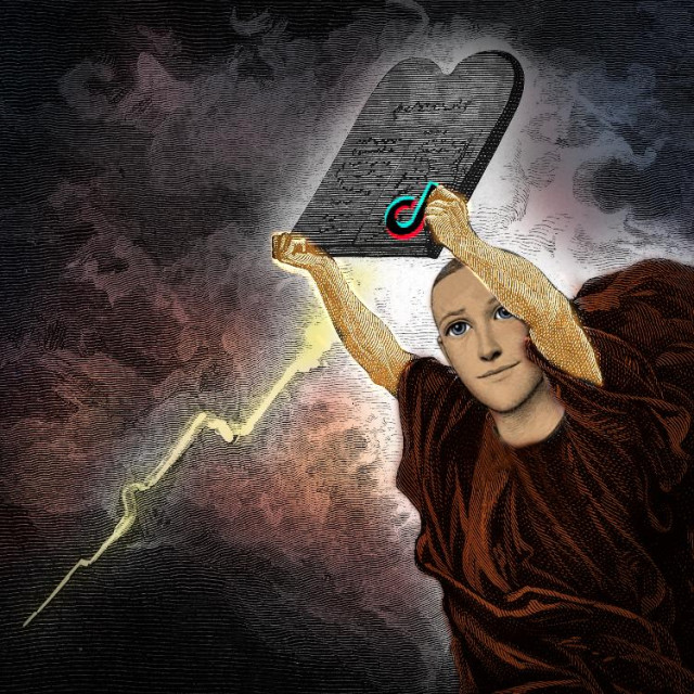 Dore's illustration of Moses coming off the mountain with the Ten Commandments; it has been modified. It has been hand tinted. Moses' head has been replaced with Mark Zuckerberg's metaverse avatar's head. The Tiktok logo appears in the bottom left corner of the stone tablets.