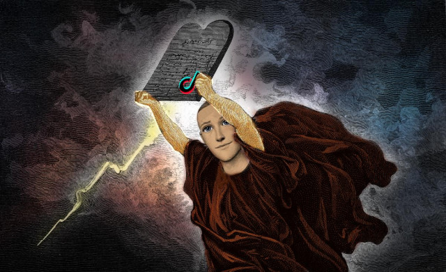 Dore's illustration of Moses coming off the mountain with the Ten Commandments; it has been modified. It has been hand tinted. Moses' head has been replaced with Mark Zuckerberg's metaverse avatar's head. The Tiktok logo appears in the bottom left corner of the stone tablets.