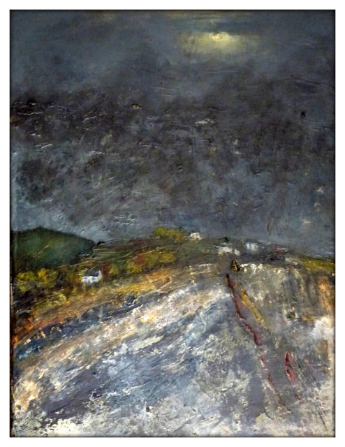 A colour photograph of a painting showing rough seas washing ashore to a snady beach and hillside with dotted white farmhouses under an ominous dusk sky.