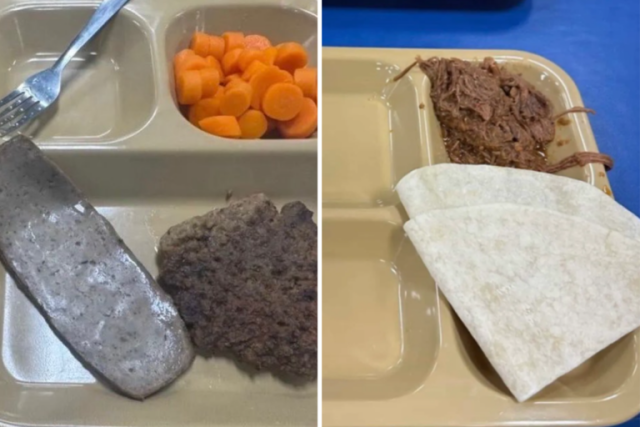 Two images stitched side-by-side showing chopped carrots and mystery meat on a lunch tray on the left image and torillas and what looks like sloppy joe meat on the other
