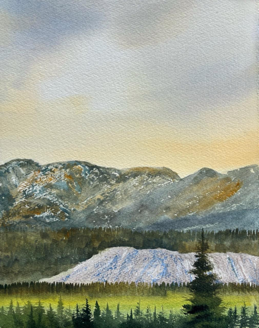 Painting of sunrise in the Yukon River Valley, Whitehorse, Yukon, Canada. 