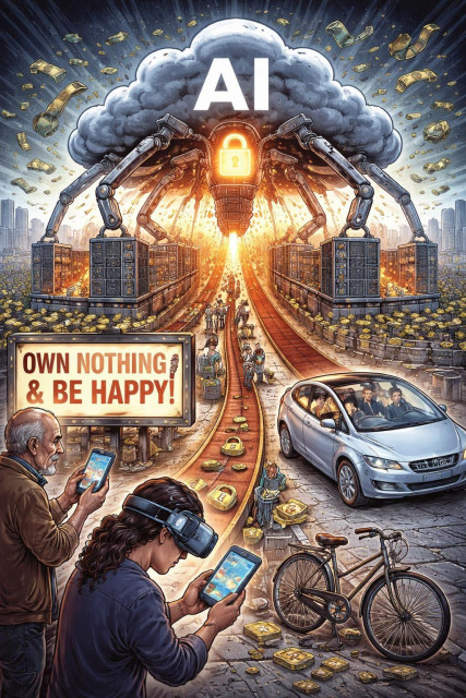 Duck.ai created image depicting an AI cloud that consumes all the people, addicted to their smarthpones, AI goggles, etc.

"Memory, storage, silicon, and everything related to it is being consumed at unprecedented levels in a “winner takes all” race to an AI-first world in which access to compute is metered by the token. It’s clear that the fundamentals of computing and electronics have changed. The computer in the cloud has increasingly greater economic output than the computer in the hand. This means that to the extent that there are constraints on the supply that feeds both, the cloud will win every time. We see this in the rapidly rising costs of silicon and all of the devices that depend on it, the shift from ownership to subscription, and the rise of closed black boxes over an open ecosystem. What does this all mean? The industry is asking you to own nothing and be happy. Computers are no longer a bicycle for the mind. They are becoming the self-driving car that takes you directly to the destination."

https://frame.work/gb/en/blog/framework-next-gen-event-is-live-on-april-21?irclickid=yx%3AXRtxkDxyZRrIw-R1dD1hmUku14jzPfTuz1M0&irgwc=1&afsrc=1
