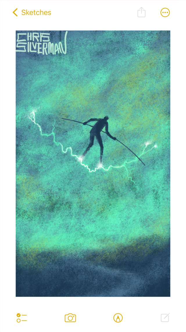 An eerie scene: a blurry gray landscape with a crooked road; a stormy sky filled with heavy fluorescent green clouds; and a greenish-white lighting bolt jumping from one side of the sky to the other. Balanced on the lightning bolt is a tightrope walker, walking along the lightning, holding a long balancing pole. The painting is signed "Chris Silverman".