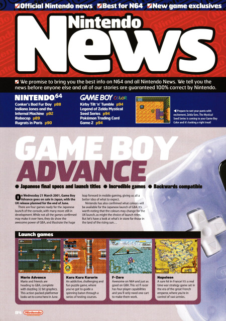 Little feature on the Game Boy Advance Japanese final specs and launch titles.
Taken from Nintendo Official Magazine 102 - March 2001 (UK)