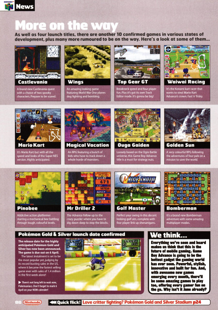 Little feature on the Game Boy Advance Japanese final specs and launch titles.
Taken from Nintendo Official Magazine 102 - March 2001 (UK)