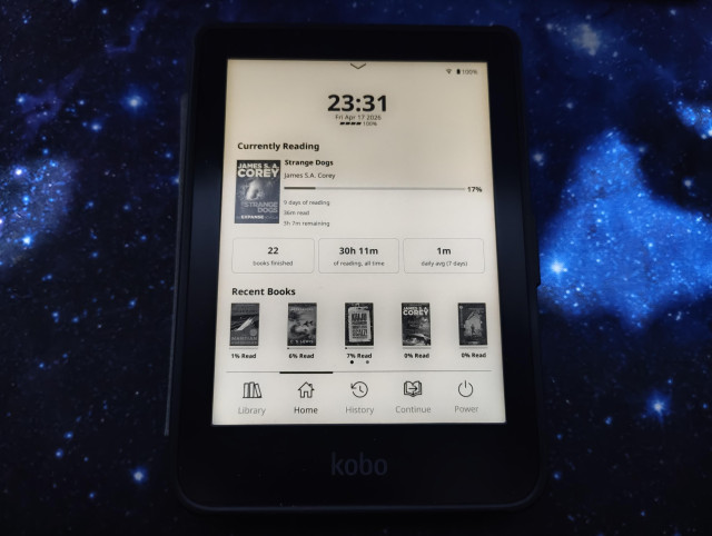 My Kobo reader with the Simple UI plugin.

Featuring a clock, my latest read, some stats and my book history!
