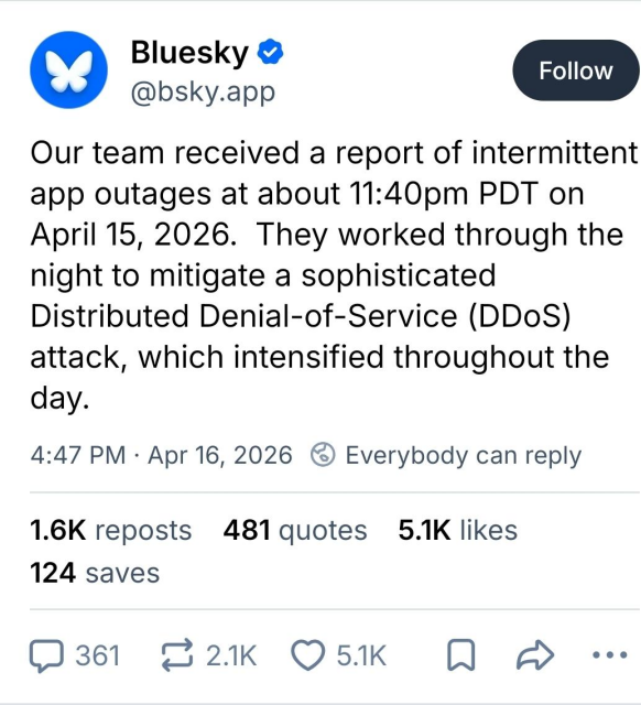 Bluesky Our team received a report of intermittent app outages at about 11:40pm PDT on April 15, 2026. They worked through the night to mitigate a sophisticated Distributed Denial-of-Service (DDoS) attack, which intensified throughout the day.