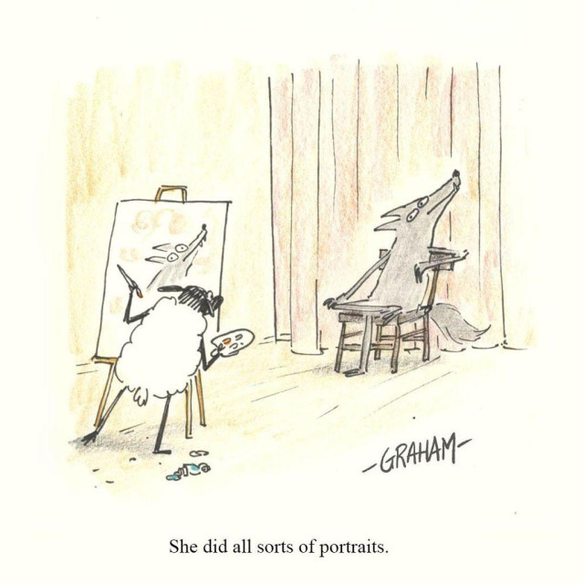 A cartoon illustration of a sheep painting a wolf's portrait in an artist studio. Caption reads "She did all sorts of portraits."