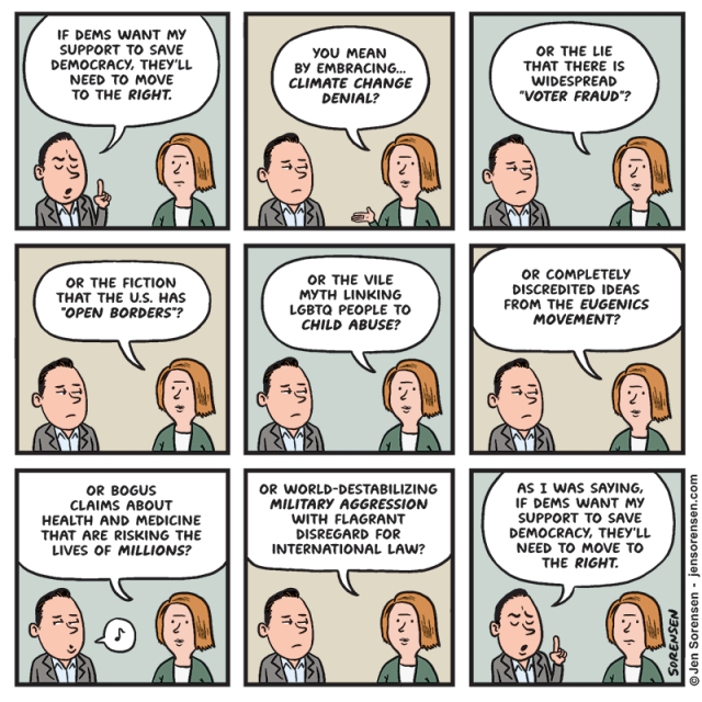
If Dems Want My Support to save Democracy, They'll Need to Move to the Right.


You Mean by Embracing... Climate Change Denial?


Or the Lie That There Is Widespread "Voter Fraud"?


Or the Fiction That the U.S. Has "Open Borders"?


Or the Vile Myth Linking Lgbtq People to Child Abuse?


Or Completely Discredited Ideas from the Eugenics Movement?


Or Bogus Claims about Health and Medicine That Are Risking the Lives of Millions?


Or World-destabilizing Military Aggression with Flagrant Disregard for International Law?


As I Was Saying, If Dems Want My Support to save Democracy, They'll Need to Move to the Right.