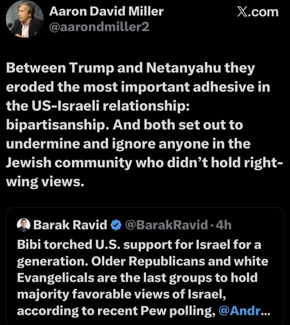 Text from a social media post discussing the impact of Trump and Netanyahu on the US-Israel relationship, highlighting the erosion of bipartisanship and the marginalization of certain views within the Jewish community. It also references commentary on U.S. support for…