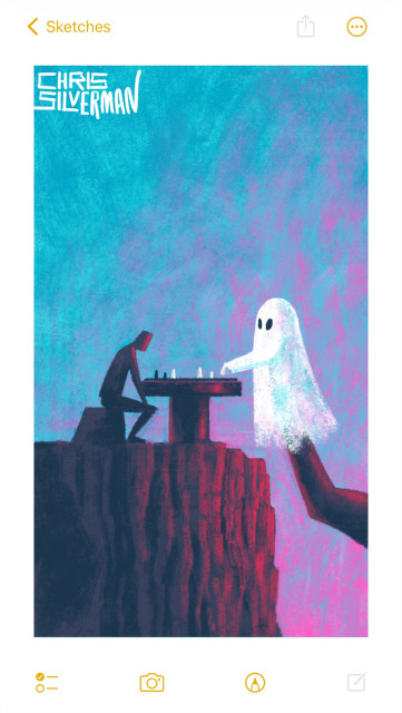 A person sits at a small table on the edge of a rocky cliff. The front of the cliff face is illuminated reddish, and the sky is pink on the horizon. Across from the person, on the other end of the table, is a puppet: a white ghost, manipulated by some very large, offscreen entity. The person and the ghost are playing chess. The painting is signed "Chris Silverman".