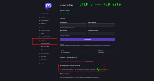 Screenshot shows step 3 on the New Site. You want to select "account" and "account settings".  You will see a part that reads "Moving from a different account. To move from another account to this one, first you need to create an account alias."  The end of that sentence is the URL you want to click on.