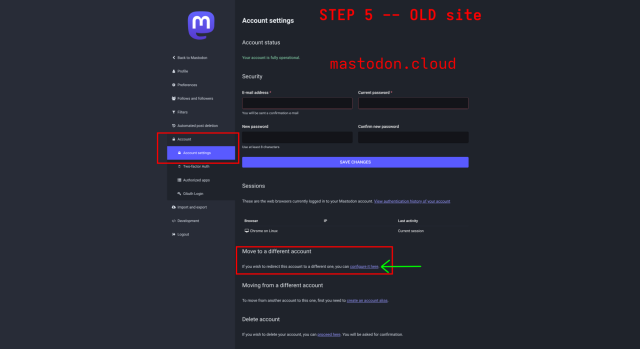 The screenshot shows step 5 on the Old Site.  You want to select "Account" and "Account Settings".  There is a part that reads "Move to a different account. If you wish to redirect this account to a different one, you can configure it here."  The end of that sentence is the URL you want to click on.