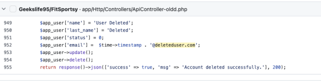 Code snippet for a function that 'deletes' users by replacing their email with @deleteduser.com