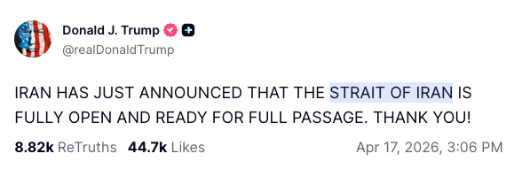 IRAN HAS JUST ANNOUNCED THAT THE STRAIT OF IRAN IS FULLY OPEN AND READY FOR FULL PASSAGE. THANK YOU!