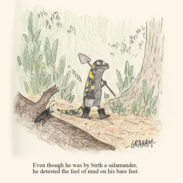 A cartoon illustration of an irritated salamander walking with rubber boats while carrying a shovel across a muddy forest floor. Caption reads "Even though he was by birth a salamander, he detested the feel of mud on his bare feet."