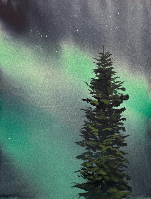 Painting of a spruce tree backlit by the northern lights. 