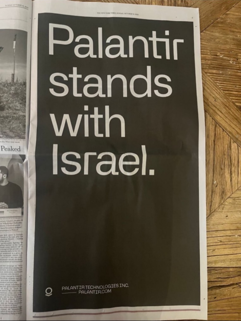 Palantir ad in the New York Times with the text 'Palantir stands with Israel.'.