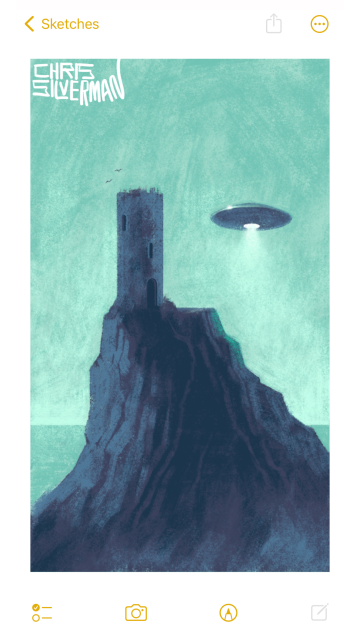 A fortified castle tower—really just a stone cylinder—stands at the top of a very craggy, very sharp hill overlooking the ocean. The sky is a pale greenish color. The tower has two slitlike windows and an open, arched door, and is crumbling at the top. The only signs of life are the two birds flying about the top of it, and the UFO hovering in the sky to its right, glinting in the sun. On the underside of the UFO is a circular opening that is glowing white. The painting is signed "Chris Silverman".