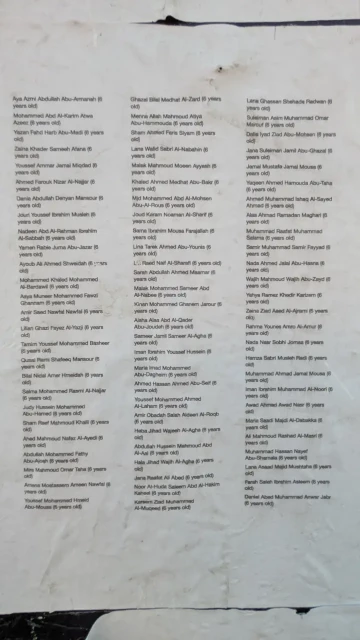One of the many sheets that lists children that have been murdered in Gaza during the last two years.