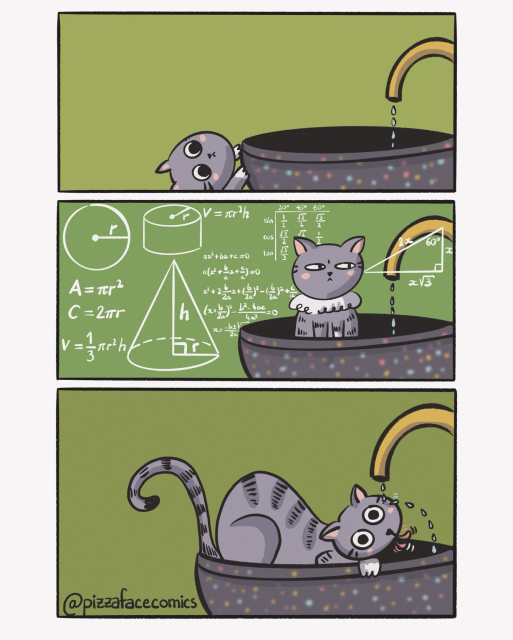 Comics drawing. First panel: Gizmo the cat noticing that the bathroom tap is open. Panel 2: Gizmo making complicated calculations when looking at the tap. Panel 3: Gizmo trying to drink, but the water goes on her face and not her mouth.