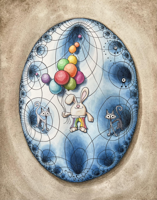 Painting of an elliptical surface covered breed an a a fractal of holes. Two cats stand on the surface. In the center is a cartoon bunny wearing rainbow striped pants and holding a bunch of helium balloons.

You can find this original artwork available in my Etsy shop, gwenbeads. 