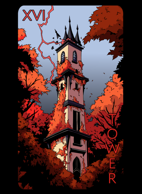 A beige tower with black siding emerges from a growth of orange-red trees. The orange-hued plants of the forest grow up along the tower's structure. Against the blue sky, a red lightning bolt strikes the top of the tower, breaking its crown into pieces.