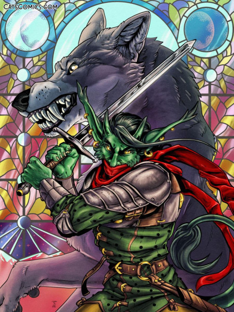 Digital art of a goblin oc named Cynulf wearing a brigandine with a sword, a large wolf named Knurr is rampant behind him with a stained glass window