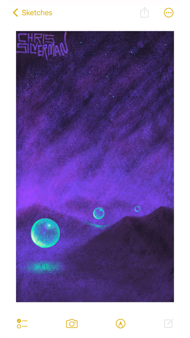 A surreal landscape: a mountainous desert under a striking purple sky. Streaks of heavy clouds fade into a starry night sky. Hovering at various locations on the desert are glowing green bubbles. The painting is signed "Chris Silverman".