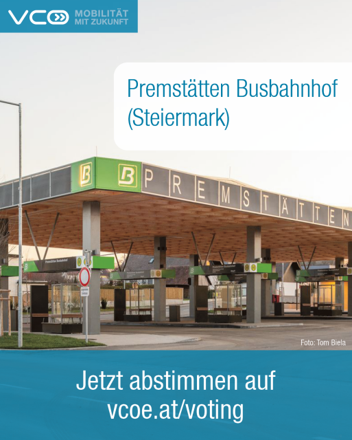 Foto von Busbahnhof Premstätten und Text: Jetzt abstimmen auf vcoe.at/voting  