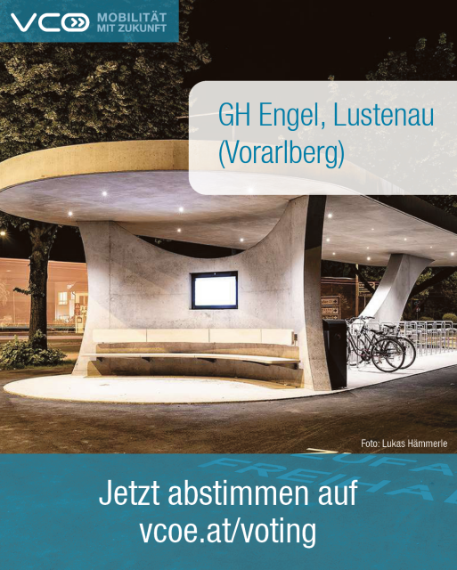 Foto von Bushaltestelle  GH Engel Lustenau und Text: Jetzt abstimmen auf vcoe.at/voting 