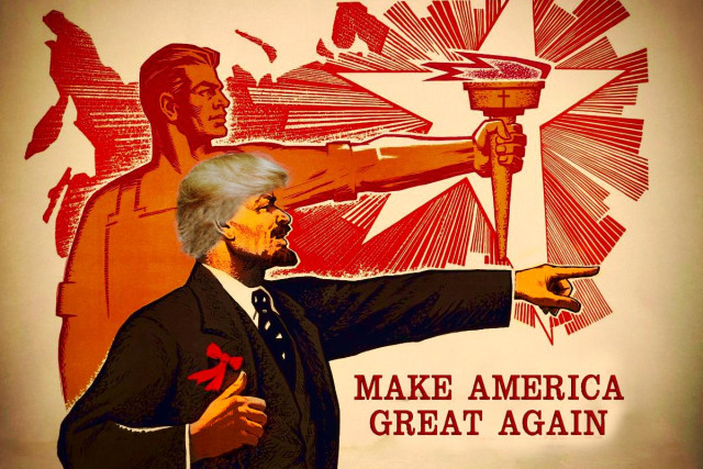 A Soviet propaganda poster featuring Lenin pointing angrily into the distance. It has been altered. Lenin now has Trump's hair and his skin in orange. The hammer/sickle logo behind him has been replaced with a cross.