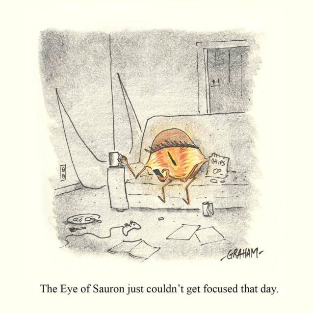 A cartoon illustration of the Eye of Sauron sitting on a couch with a cup of coffee scrolling his phone in a messy apartment. Caption reads "The Eye of Sauron just couldn't get focused that day."
