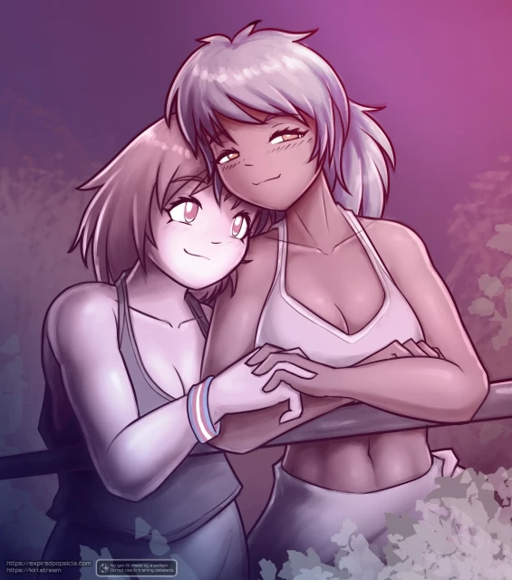 A digital illustration of two women leaning on a railing. Their fingers are intertwined and one of them is resting her head on the other's shoulder.
One of them has a trans-pride themed wristband on.