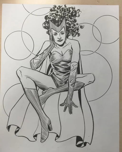 Brush and ink sketch of the scarlet witch, floating