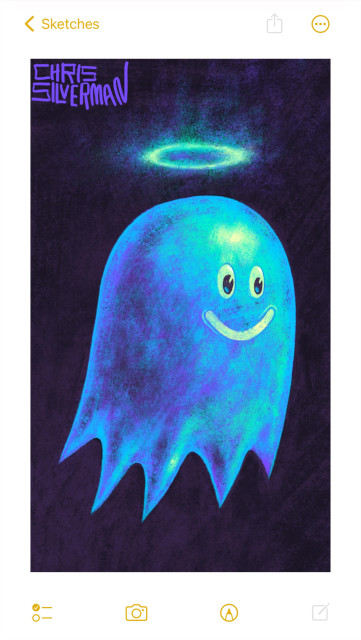 A glowing, translucent, indigo-green blob that resembles a Pac-Man ghost hovers in a dark space. The blob has two round eyes and a fixed smile, like the face of a toy. Above the blob is a glowing blue-green halo from which fog is rising. The painting is signed "Chris Silverman".
