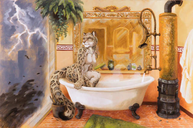 Painting of an anthropomorphic female snow leopard sitting on the edge of a traditional bath tub, ready for bathing. She is looking through a window wall on the left, on the other side of which a storm is raging. The bathroom has warm toned walls, terracotta tiles on the floor and a traditional copper-lined German bath stove on the right. On the wall behind the character there is a large antique mirror slightly clouded by vapor.