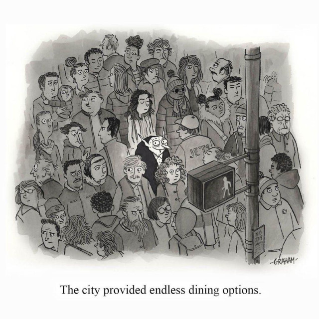 A cartoon illustration of a sweaty vampire smiling in the middle of a big city crowd crossing the street. Caption reads "The city provided endless dining options."
