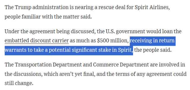 Excerpt from the WSJ on the potential bailout deal for Spirit: