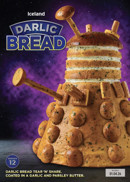 A product package for darlic bread, a pull apart garlic bread in the shape of a dalek.